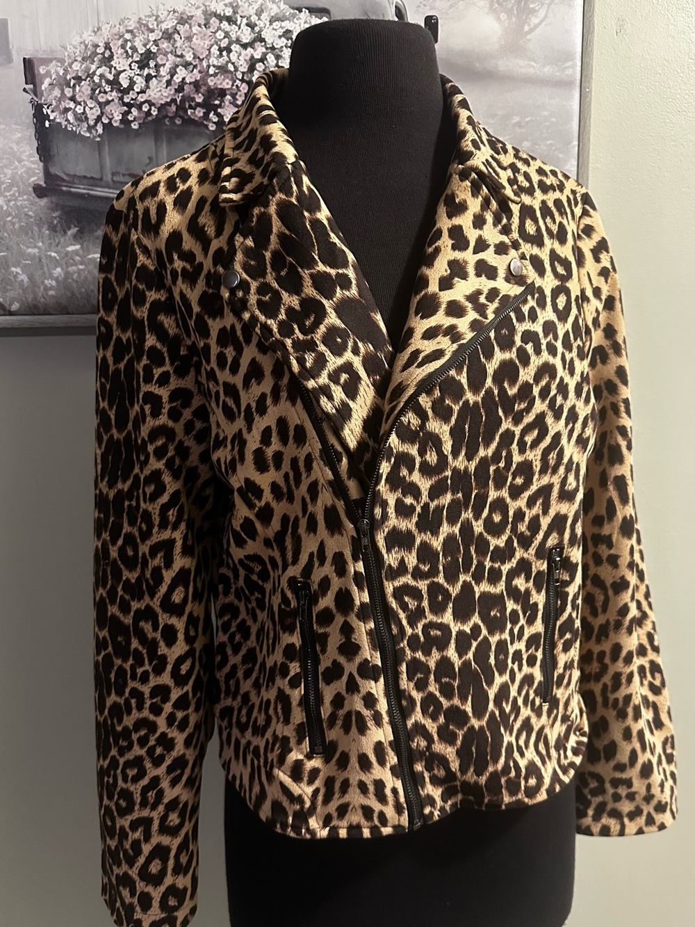ANDREE BY UNIT Leopard Print Moto Jacket in Tan and Black